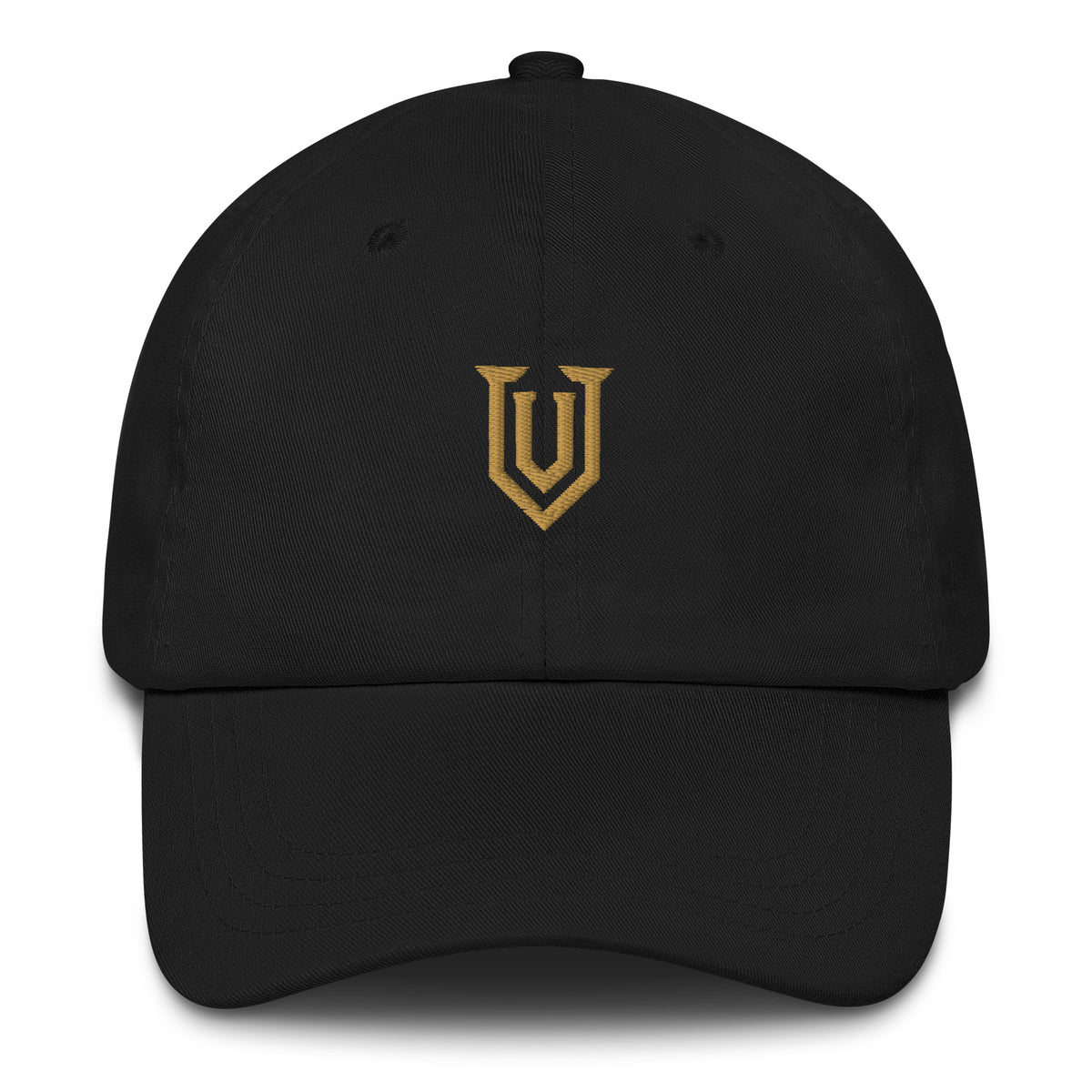 UPBORNE Resolve Cap in black with Old Gold shield embroidery, front view
