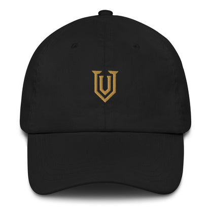 UPBORNE Resolve Cap in black with Old Gold shield embroidery, front view