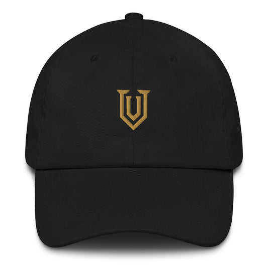 UPBORNE Resolve Cap in black with Old Gold shield embroidery, front view
