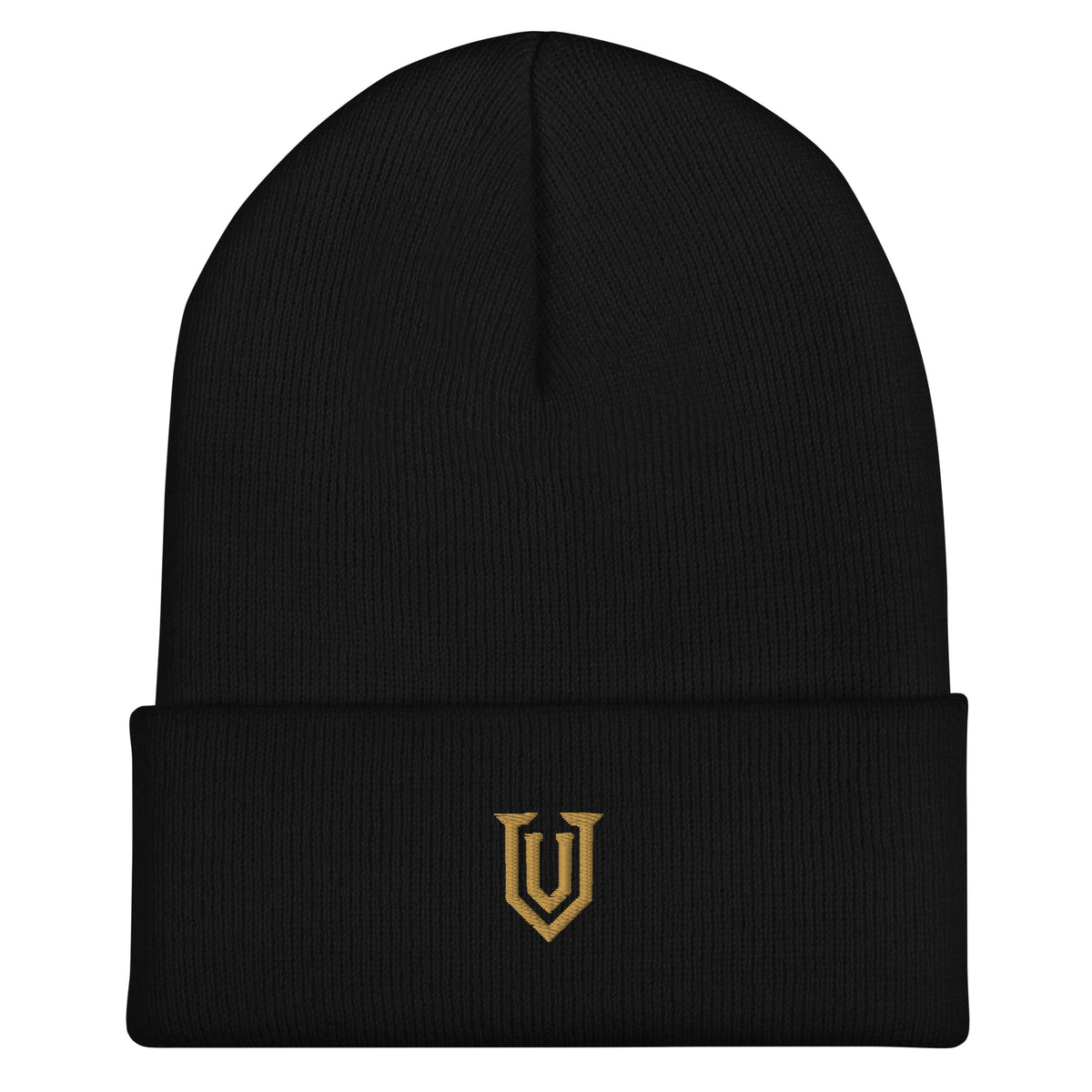 UPBORNE Resolve Beanie in black with Old Gold shield embroidery, front product view