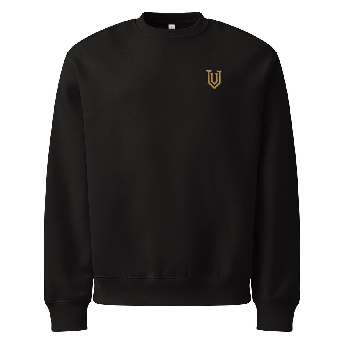 UPBORNE Foundation Crewneck in black with Old Gold shield embroidery, front view