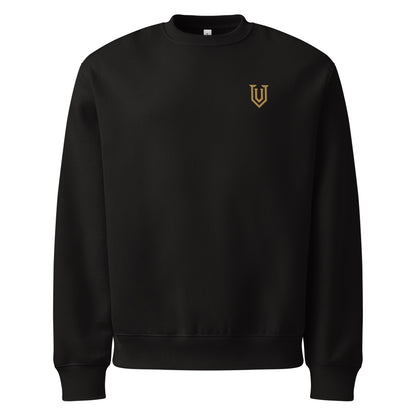 UPBORNE Foundation Crewneck in black with Old Gold shield embroidery, front view
